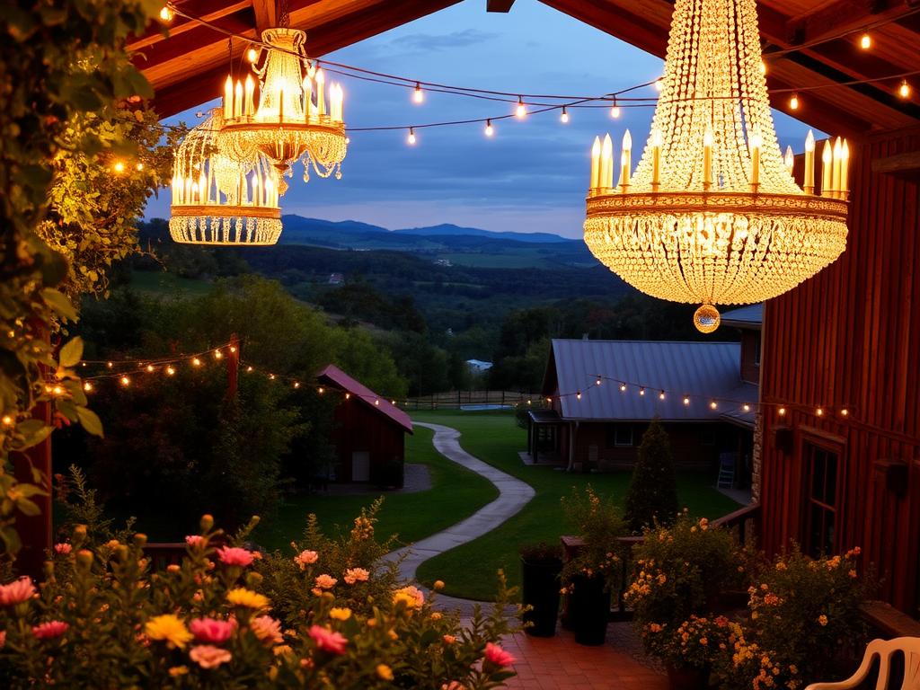 string lights and chandeliers at County Line Orchard